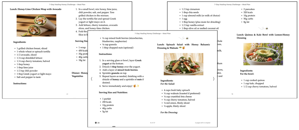 Three sample pages from the 7-Day Healing Honey Challenge Menu