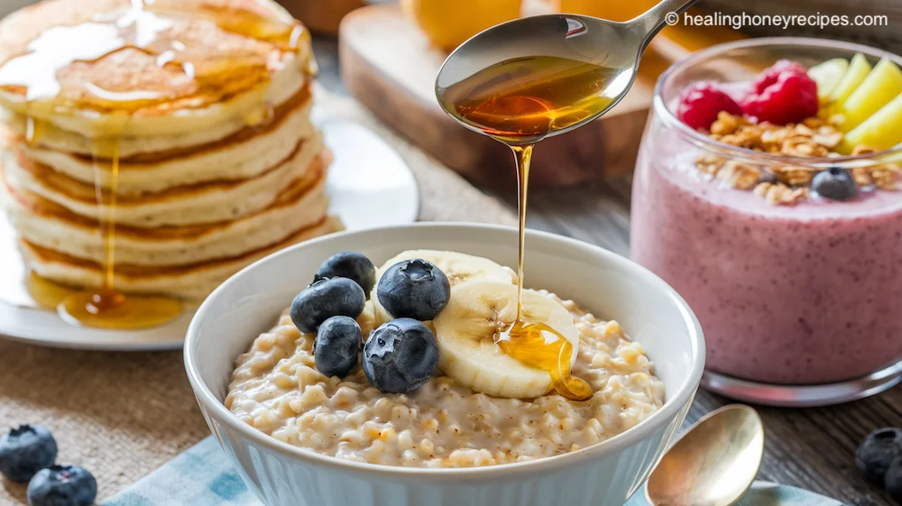 Breakfast oatmeal with honey drizzle, stack of pancakes, and a smoothie topped with fruit and granola