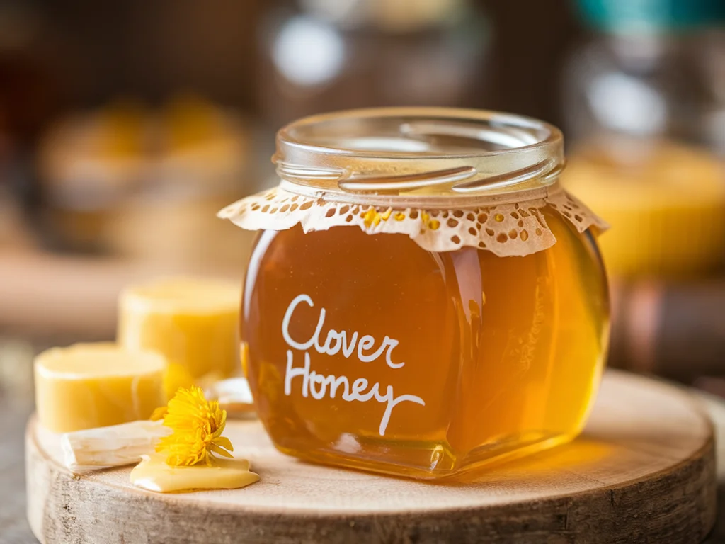 Clover honey in a jar atop a wooden board