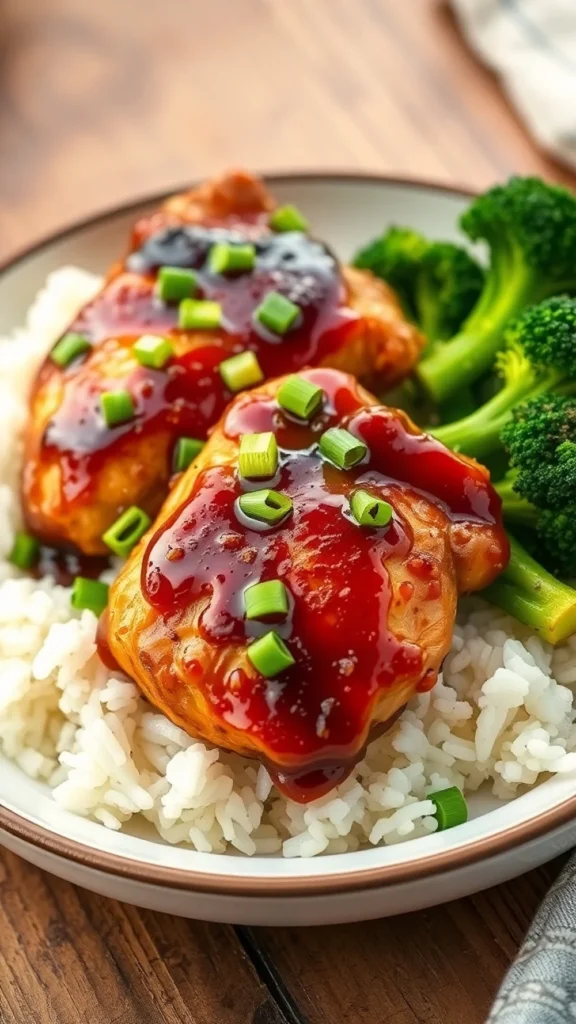 Sweet and Savory Honey Garlic Chicken on a bed of rice, served with broccoli on a plate