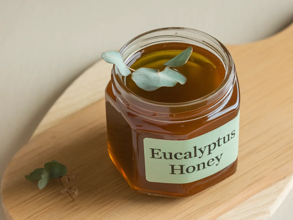 Eucalyptus honey in a jar on a cutting board