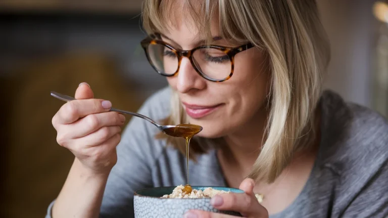 Gillian eating honey-drizzled oatmeal