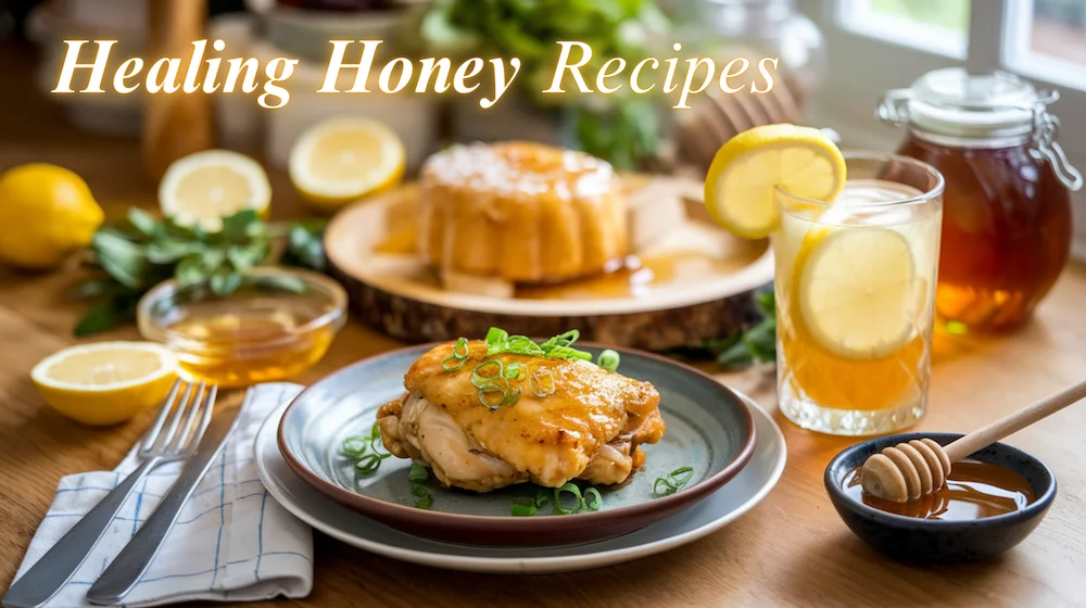 Healing Honey Recipes showing various honey-infused dishes on a table