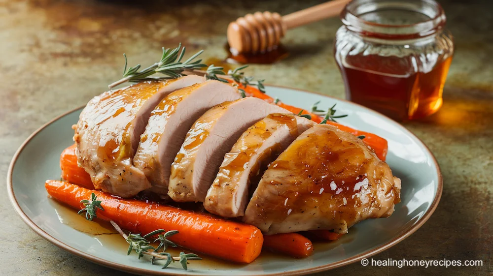 Honey glazed chicken breast and carrots, rosemary sprigs, jar of honey