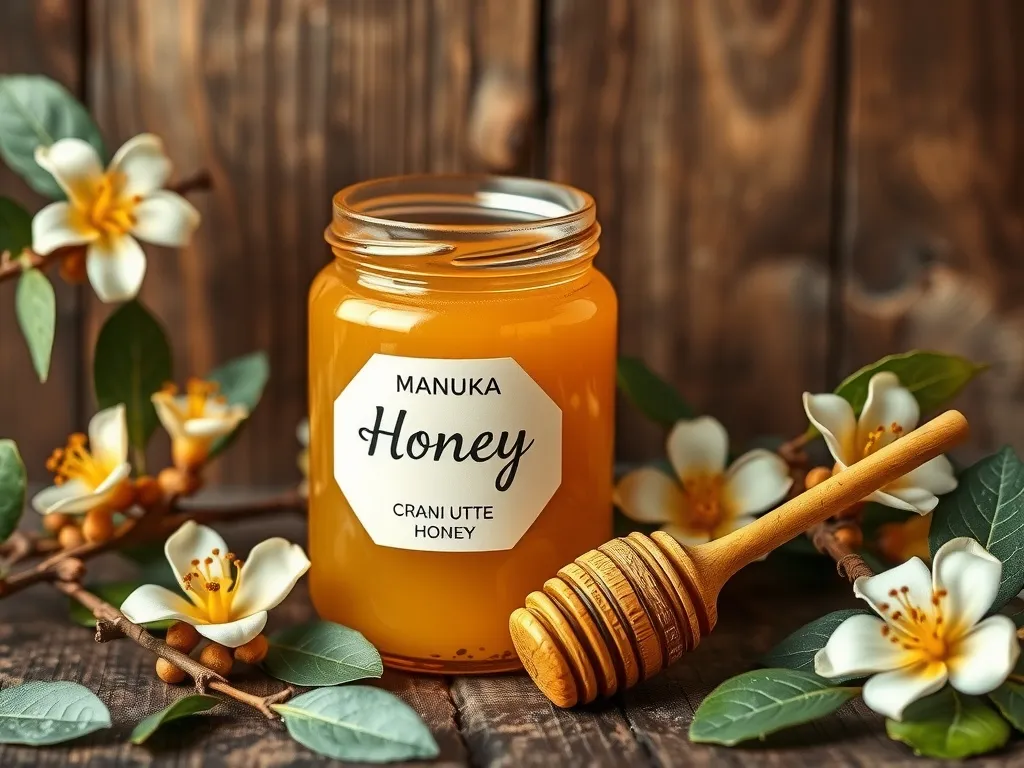 Manuka honey in jar on a wood table