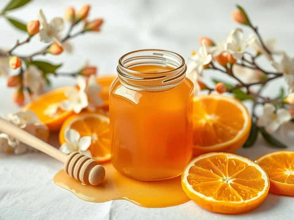 Orange Blossom honey in jar, orange slices and blossoms