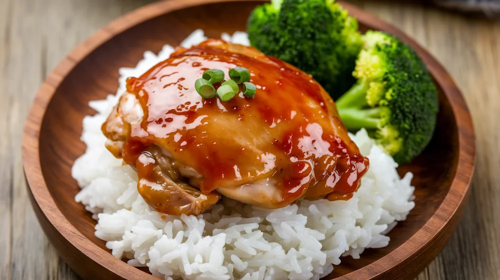 Sweet and Savory Honey Garlic Chicken on a bed of rice, served with broccoli