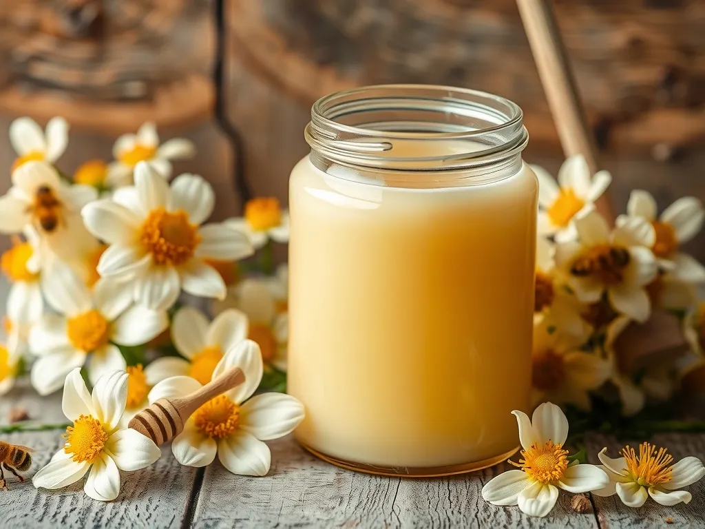 White honey in a jar amid flowers and bees